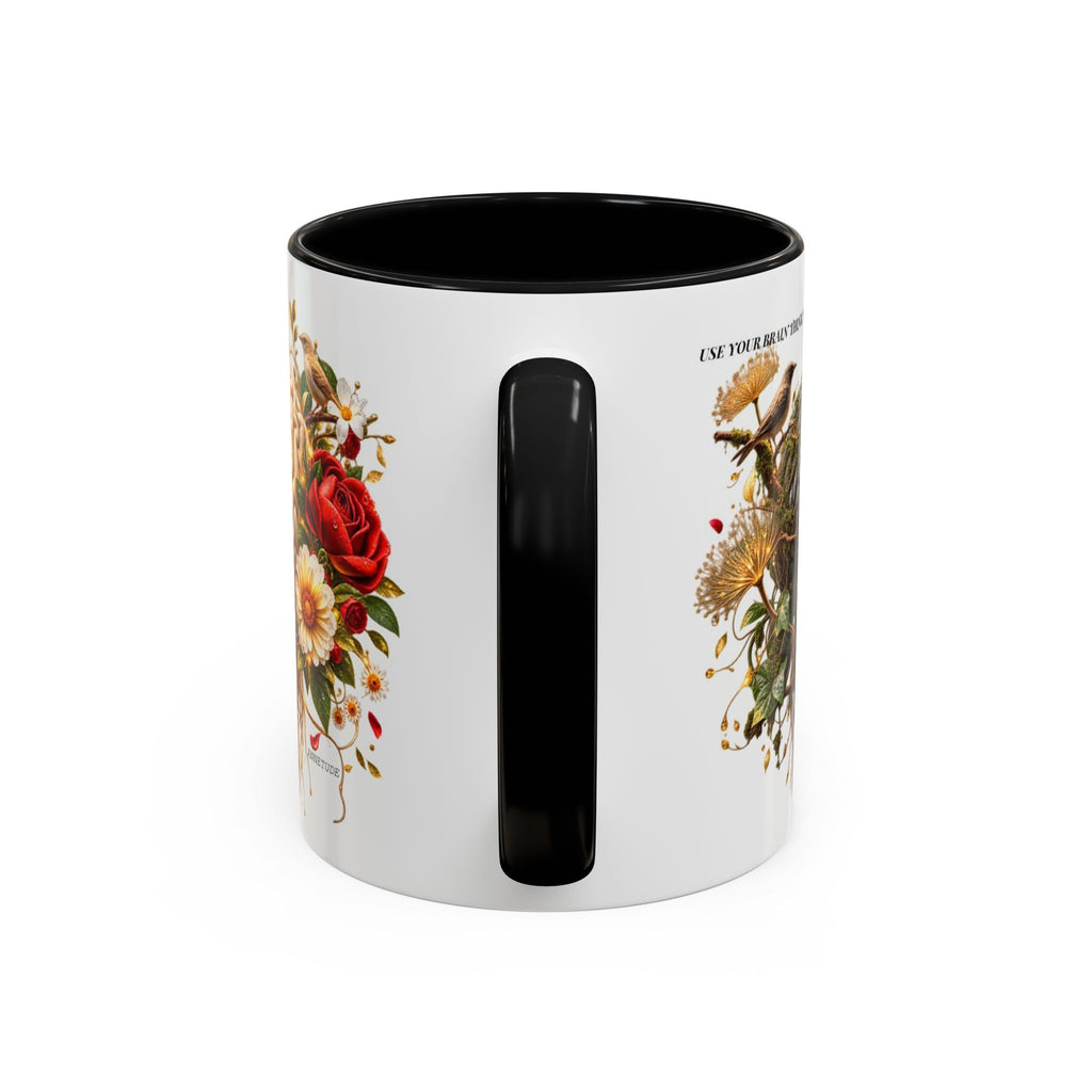 Brain & Heart Floral Accent Coffee Mug — 'Use Your Brain' Artistic 11/15oz Ceramic