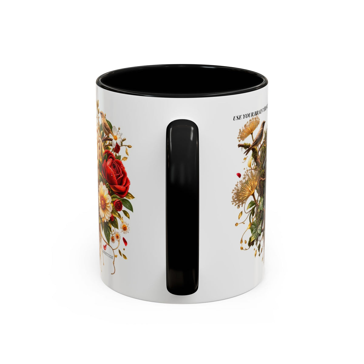 Brain & Heart Floral Accent Coffee Mug — 'Use Your Brain' Artistic 11/15oz Ceramic
