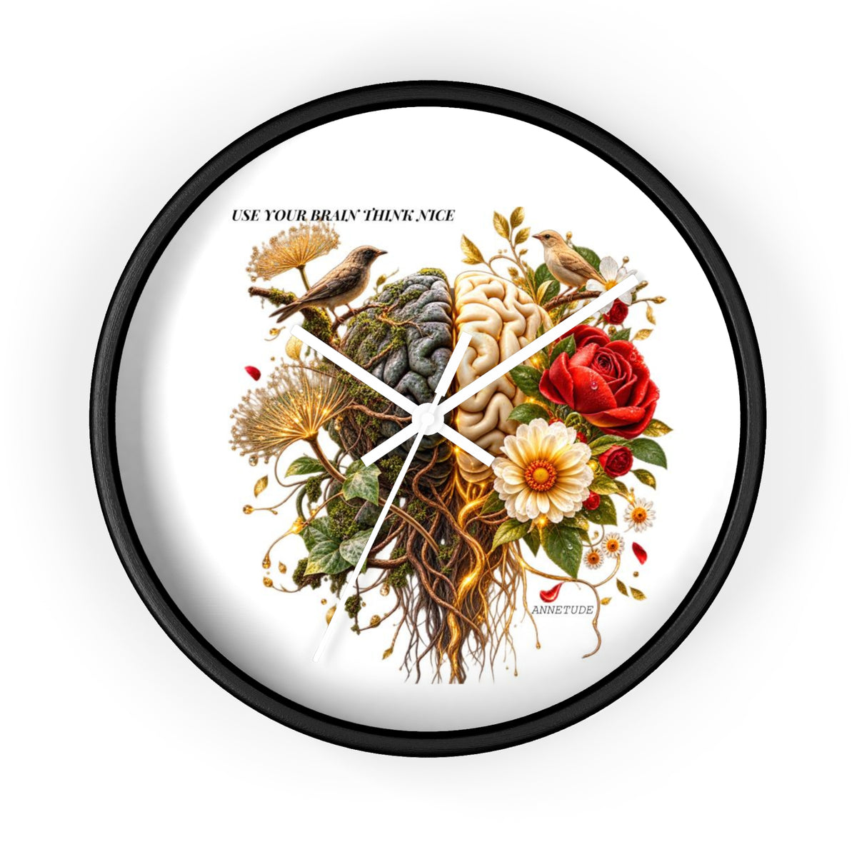 Botanical Brain Wall Clock — Floral & Anatomical Art Timepiece