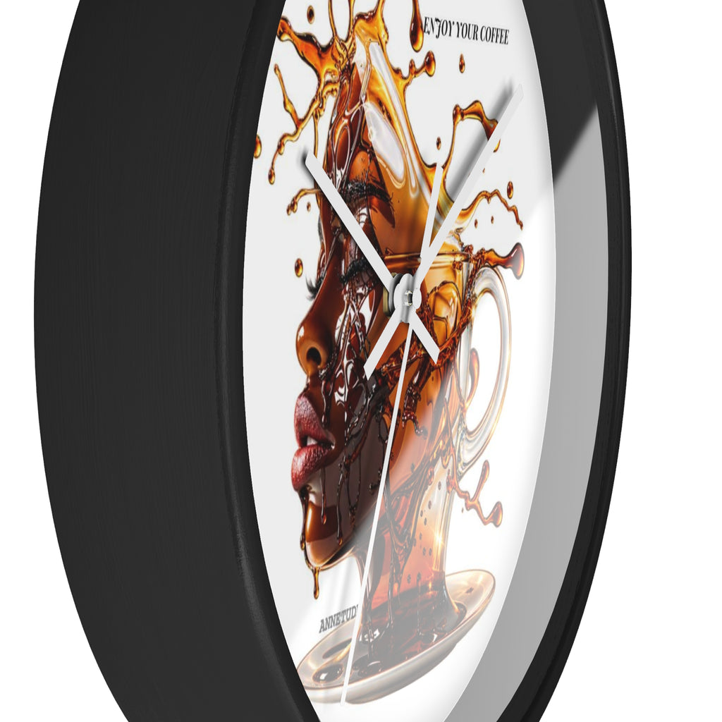 Coffee Splash Wall Clock — Artistic Afrocentric Brew Portrait ("Enjoy Your Coffee")