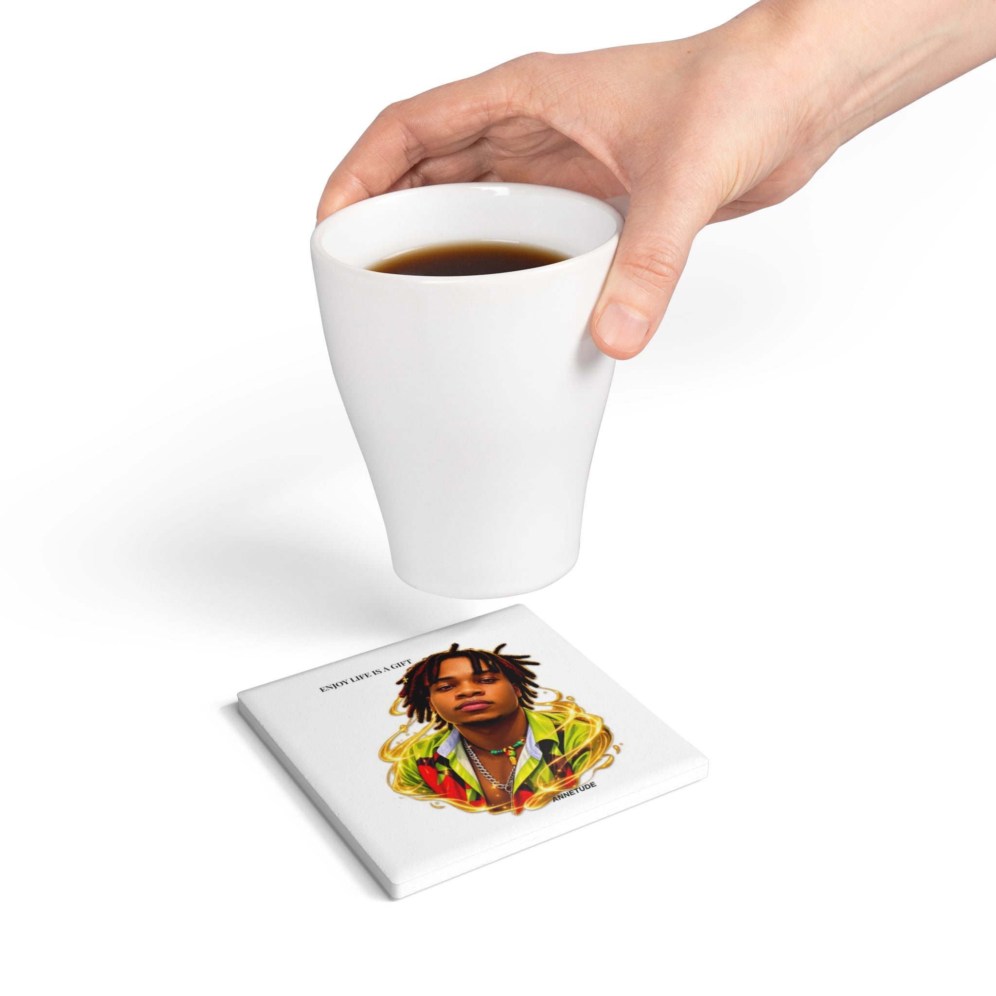 Vibrant Portrait Ceramic Coaster — Colorful Dreadlocks Design