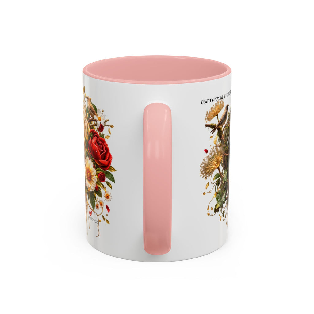 Brain & Heart Floral Accent Coffee Mug — 'Use Your Brain' Artistic 11/15oz Ceramic