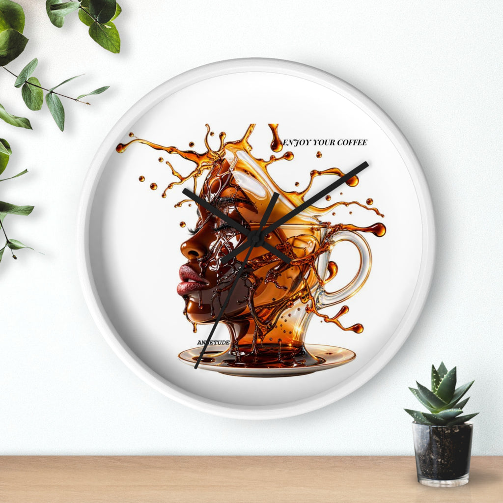 Coffee Splash Wall Clock — Artistic Afrocentric Brew Portrait ("Enjoy Your Coffee")