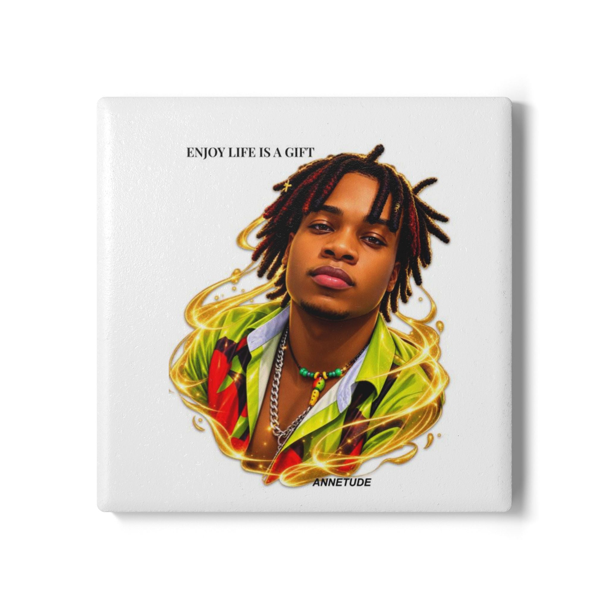 Vibrant Portrait Ceramic Coaster — Colorful Dreadlocks Design