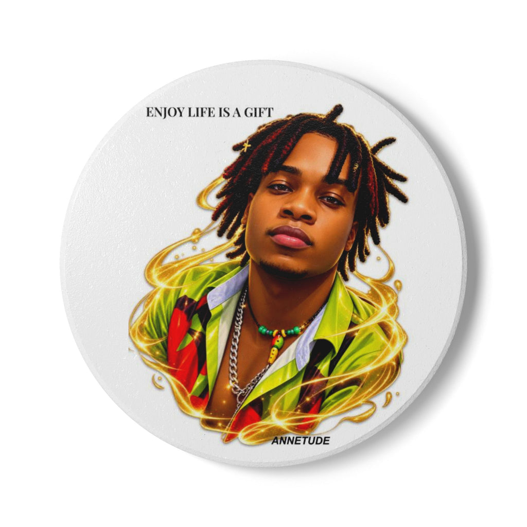 Vibrant Portrait Ceramic Coaster — Colorful Dreadlocks Design