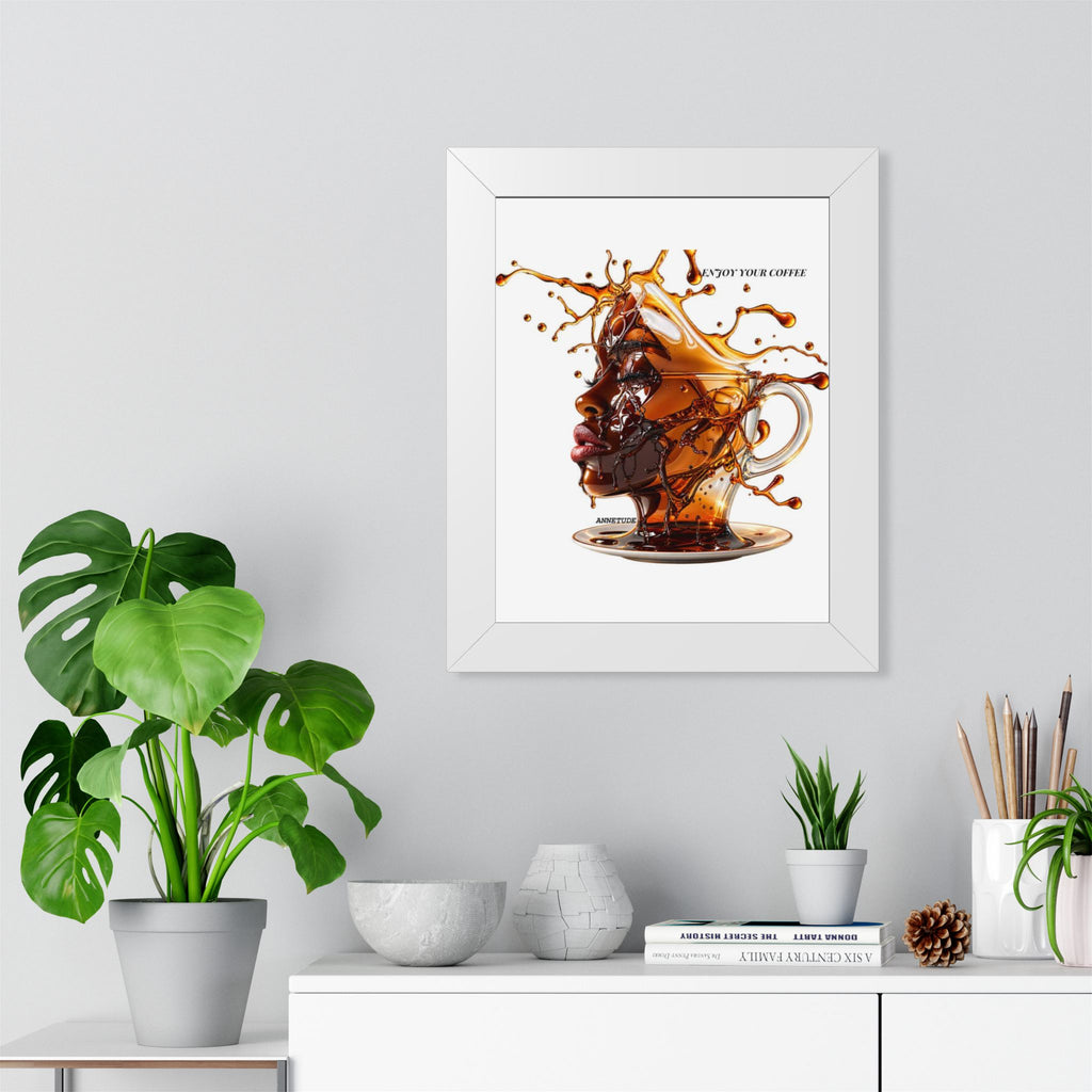 Coffee Splash Art Poster — 'Savor Your Coffee' Framed Vertical Print