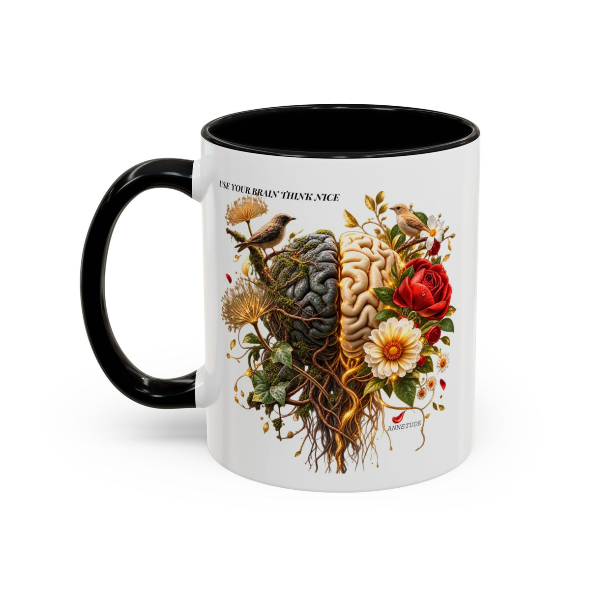 Brain & Heart Floral Accent Coffee Mug — 'Use Your Brain' Artistic 11/15oz Ceramic