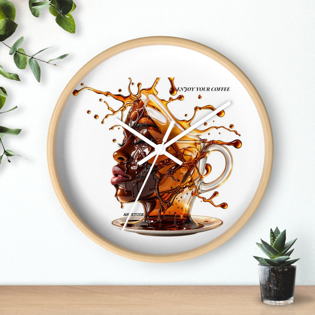 Coffee Splash Wall Clock — Artistic Afrocentric Brew Portrait ("Enjoy Your Coffee")