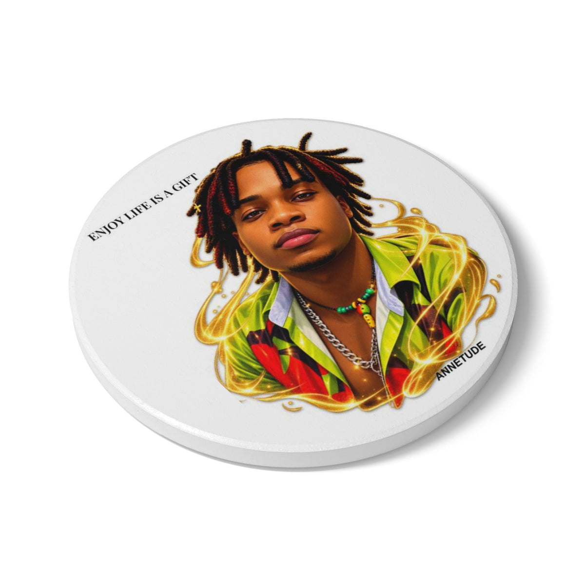 Vibrant Portrait Ceramic Coaster — Colorful Dreadlocks Design