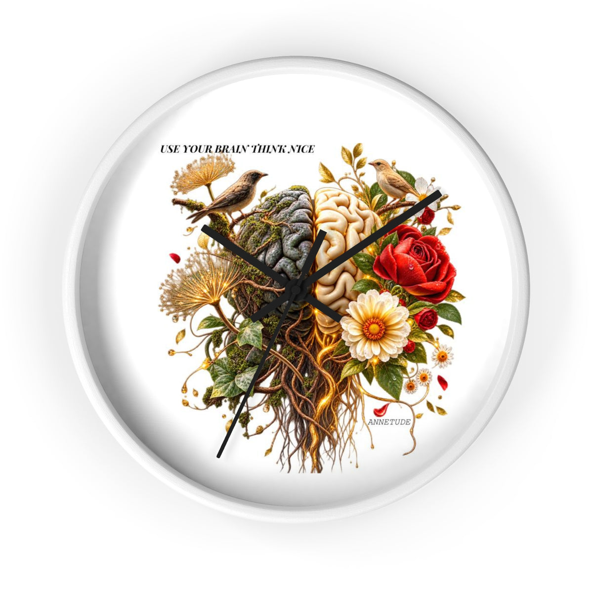 Botanical Brain Wall Clock — Floral & Anatomical Art Timepiece