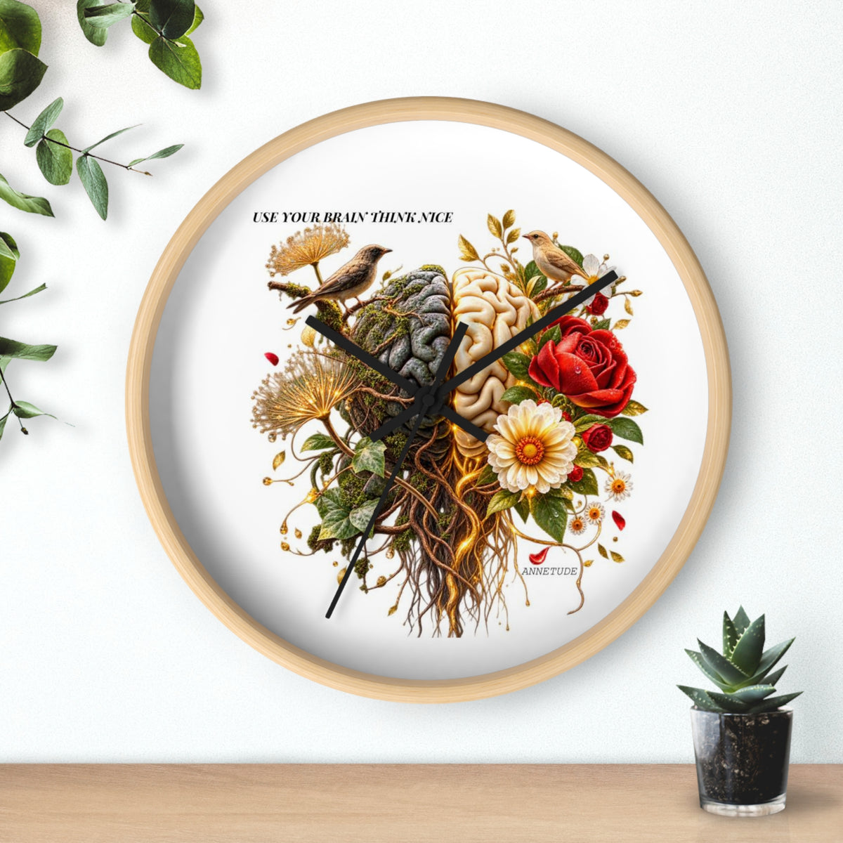 Botanical Brain Wall Clock — Floral & Anatomical Art Timepiece