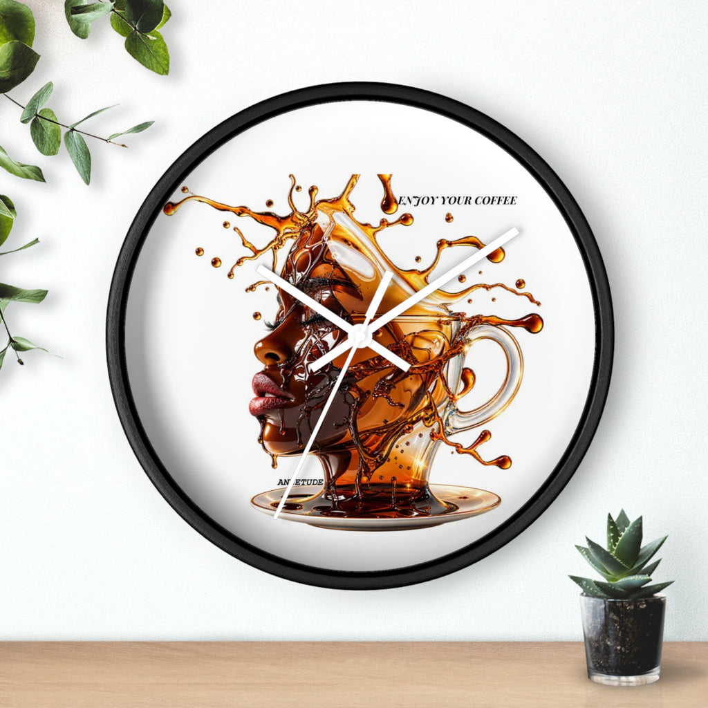 Coffee Splash Wall Clock — Artistic Afrocentric Brew Portrait ("Enjoy Your Coffee")