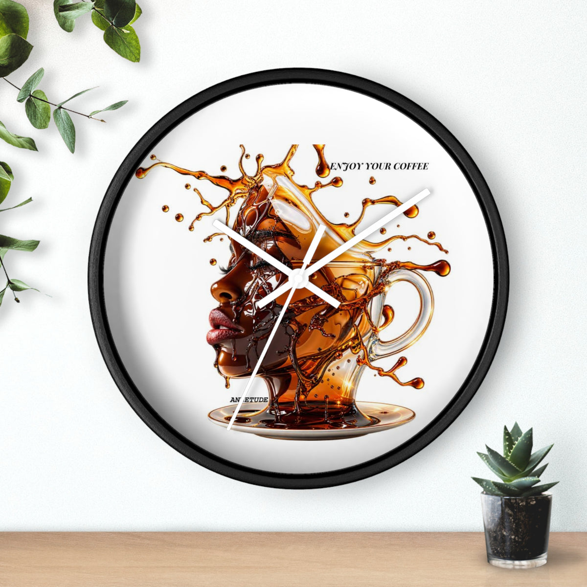 Coffee Splash Wall Clock — Artistic Afrocentric Brew Portrait ("Enjoy Your Coffee")