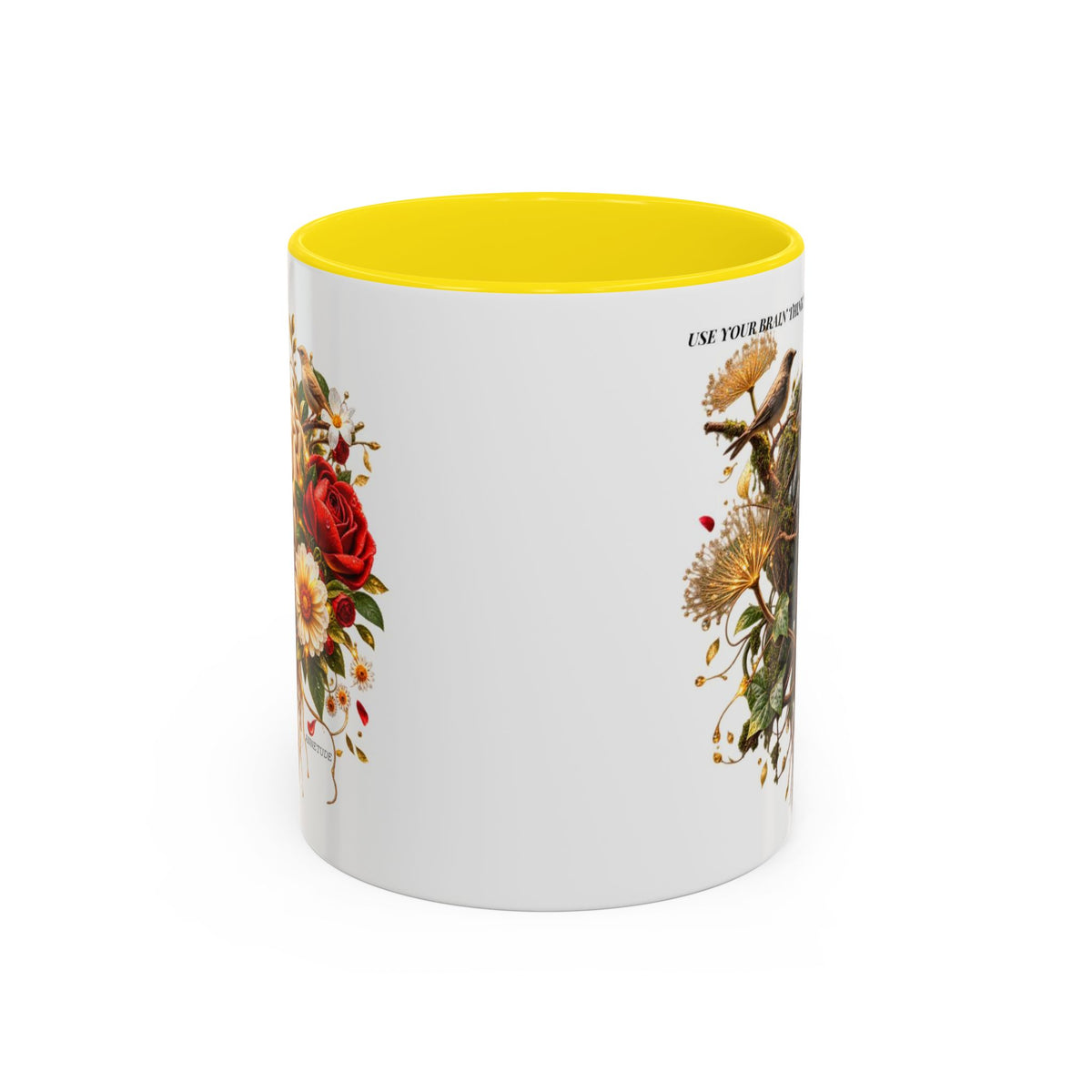 Brain & Heart Floral Accent Coffee Mug — 'Use Your Brain' Artistic 11/15oz Ceramic
