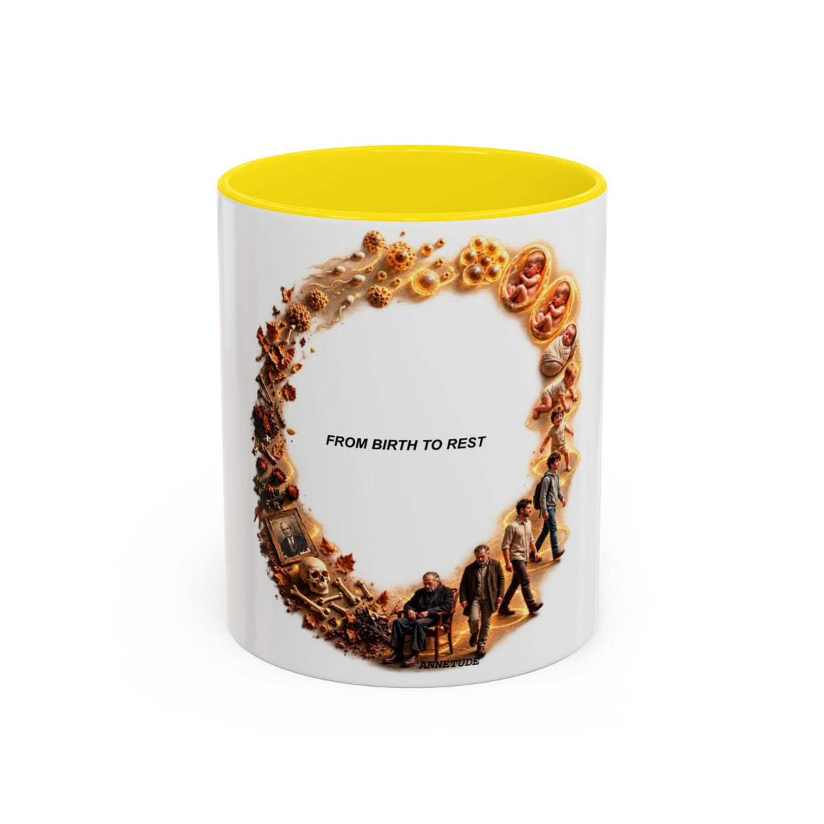 Coffee Mug — "From Birth to Rest" Illustrated Life Cycle Accent Mug