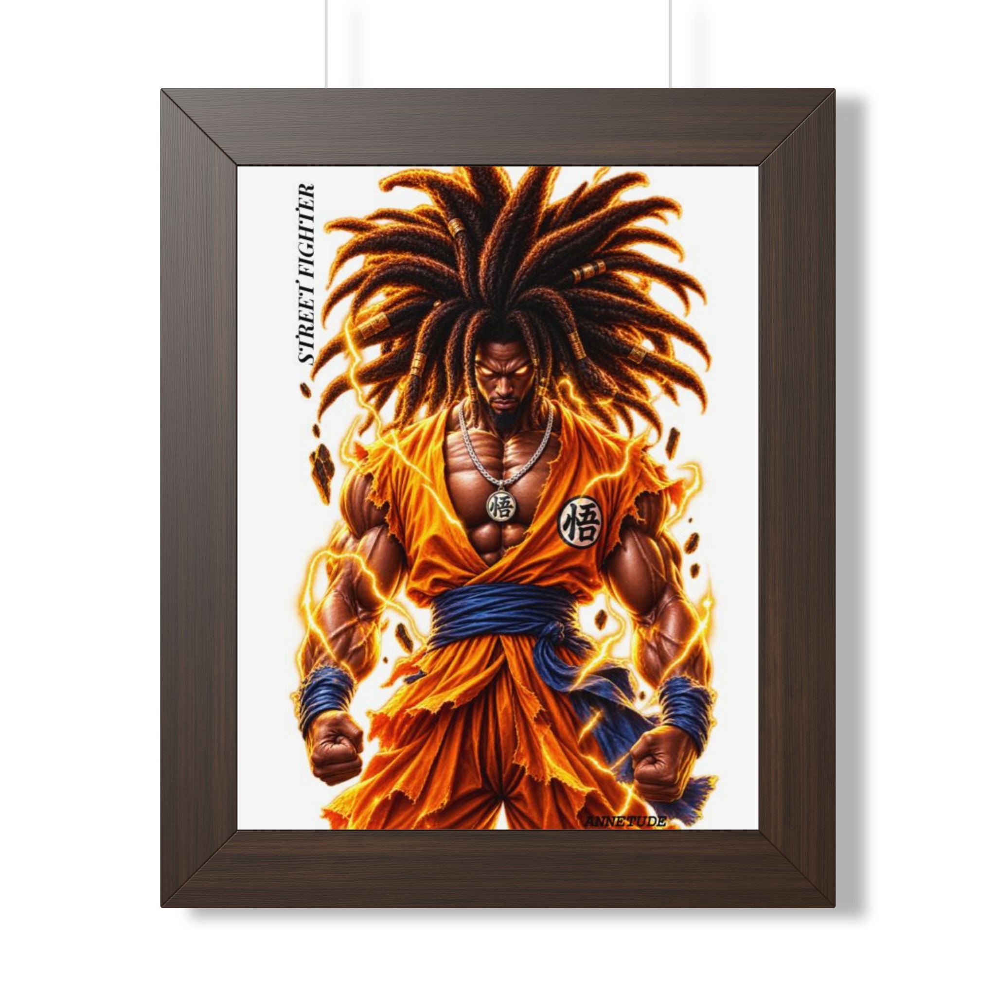 Framed Poster — Fiery Afro Warrior Anime Print