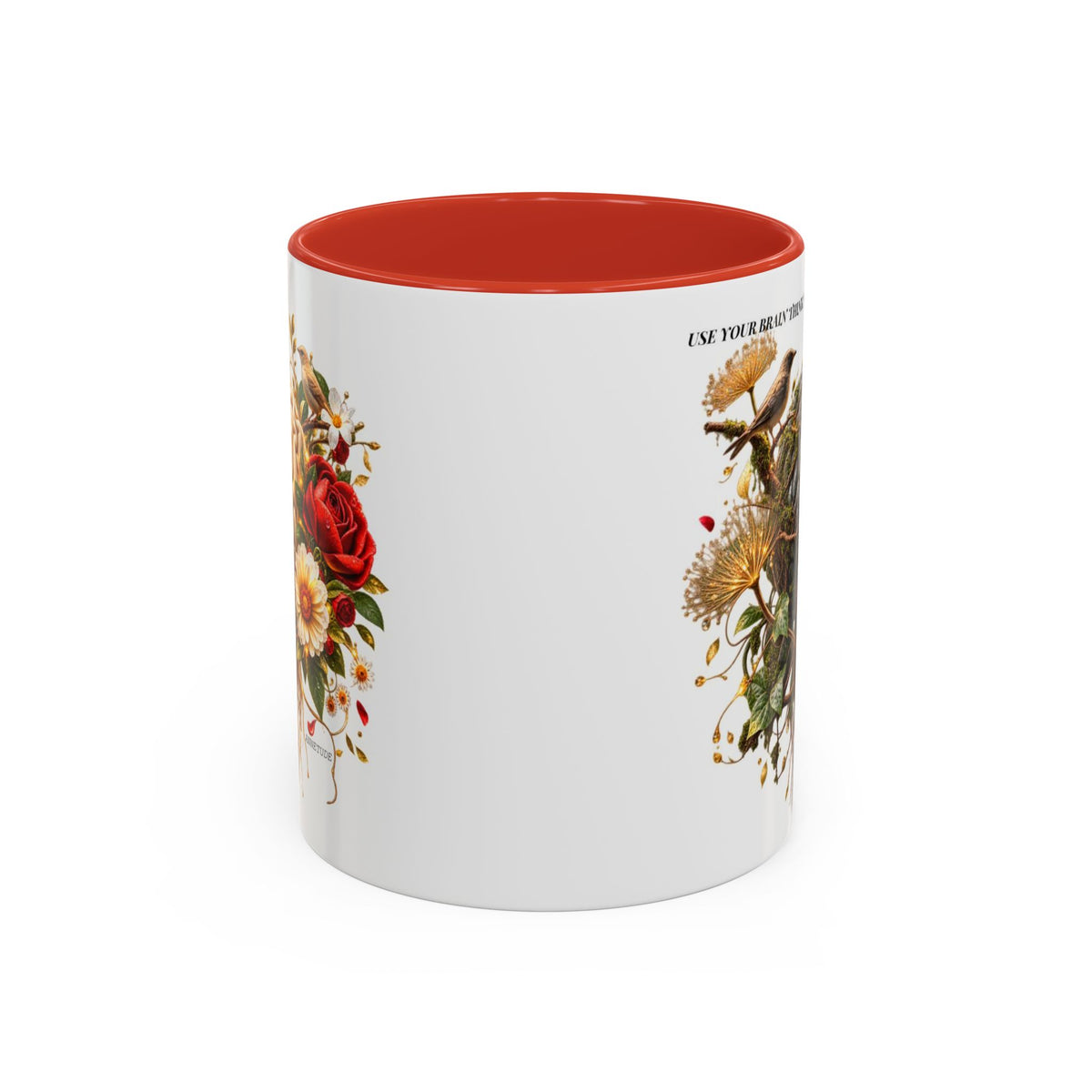 Brain & Heart Floral Accent Coffee Mug — 'Use Your Brain' Artistic 11/15oz Ceramic