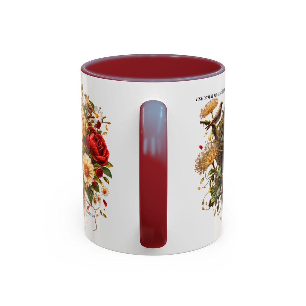 Brain & Heart Floral Accent Coffee Mug — 'Use Your Brain' Artistic 11/15oz Ceramic