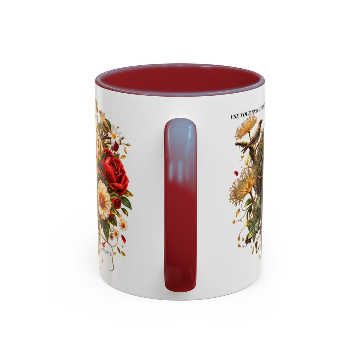 Brain & Heart Floral Accent Coffee Mug — 'Use Your Brain' Artistic 11/15oz Ceramic