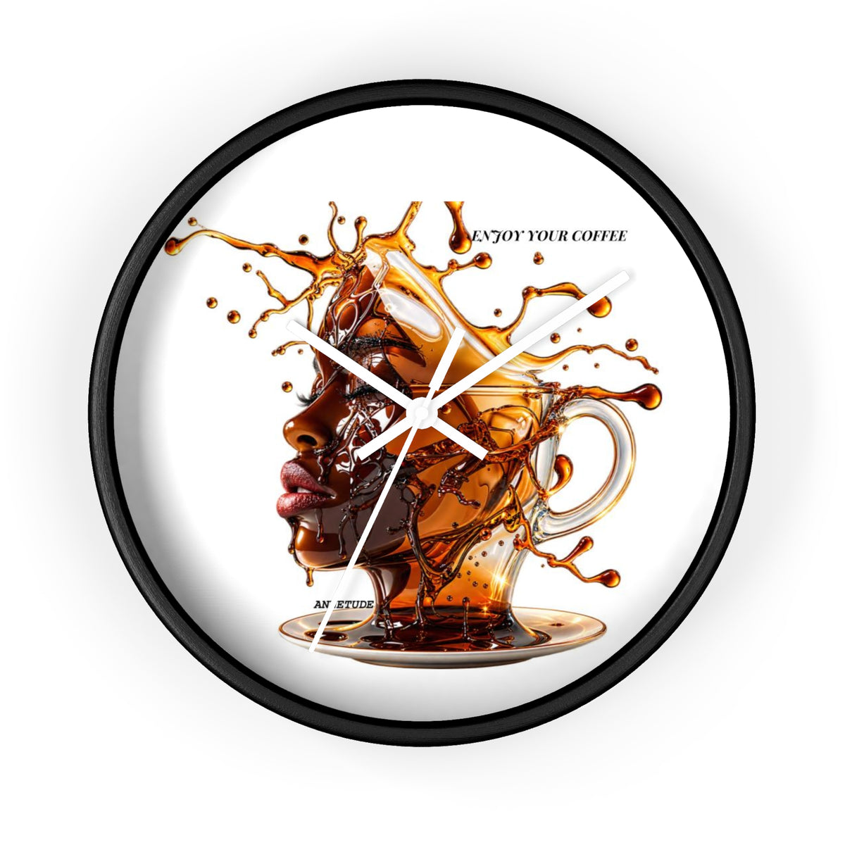 Coffee Splash Wall Clock — Artistic Afrocentric Brew Portrait ("Enjoy Your Coffee")