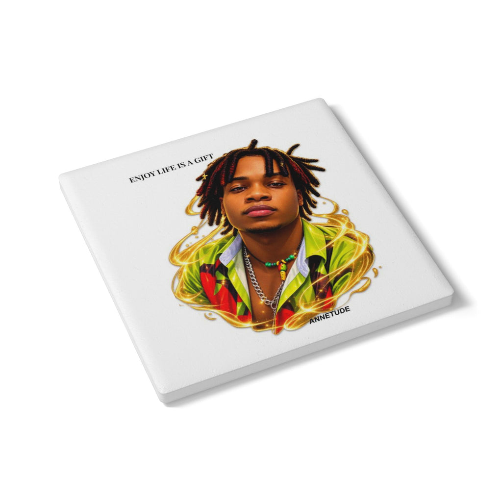 Vibrant Portrait Ceramic Coaster — Colorful Dreadlocks Design
