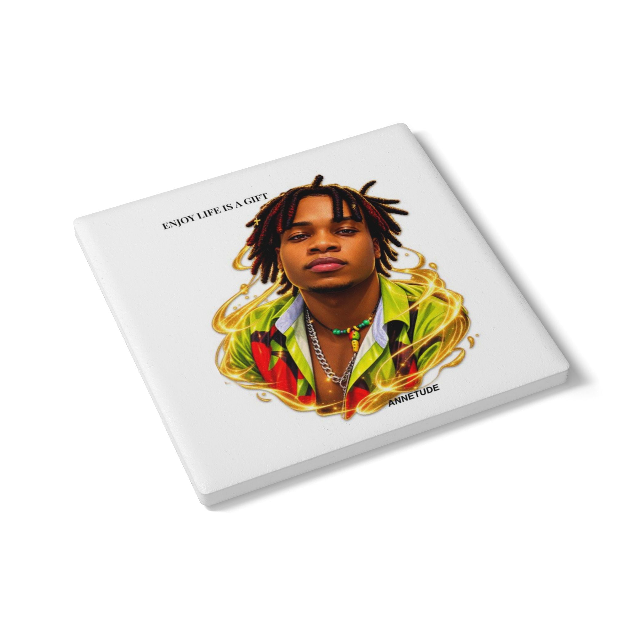 Vibrant Portrait Ceramic Coaster — Colorful Dreadlocks Design