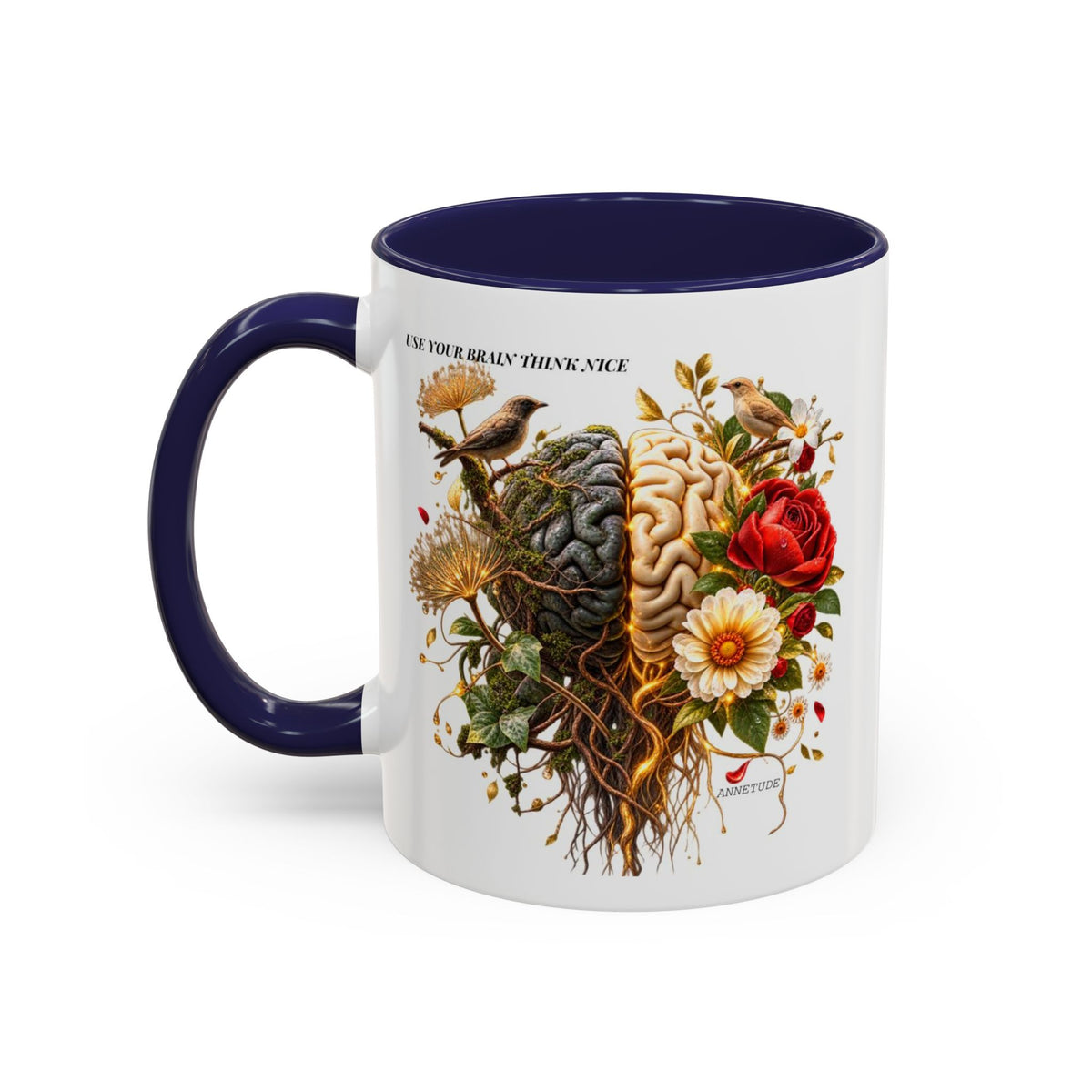Brain & Heart Floral Accent Coffee Mug — 'Use Your Brain' Artistic 11/15oz Ceramic