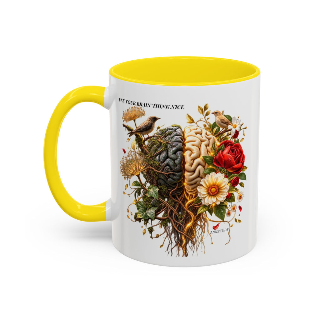 Brain & Heart Floral Accent Coffee Mug — 'Use Your Brain' Artistic 11/15oz Ceramic