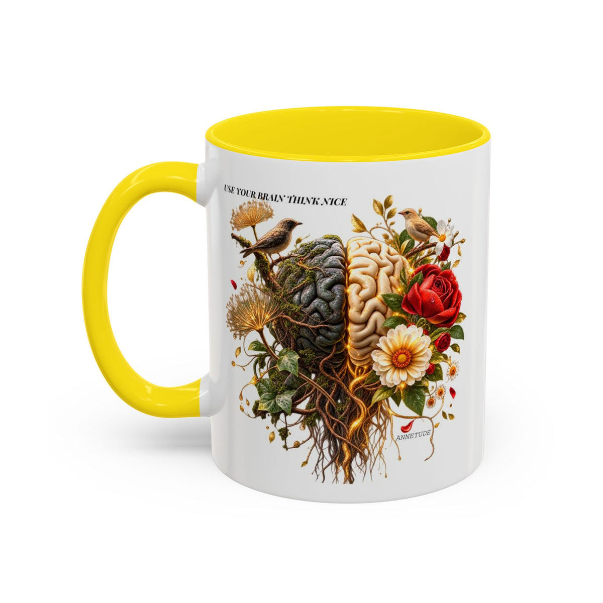 Brain & Heart Floral Accent Coffee Mug — 'Use Your Brain' Artistic 11/15oz Ceramic
