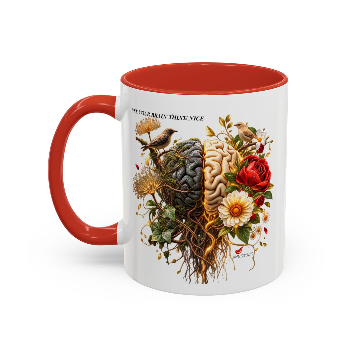 Brain & Heart Floral Accent Coffee Mug — 'Use Your Brain' Artistic 11/15oz Ceramic