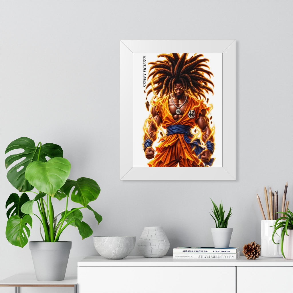 Framed Poster — Fiery Afro Warrior Anime Print