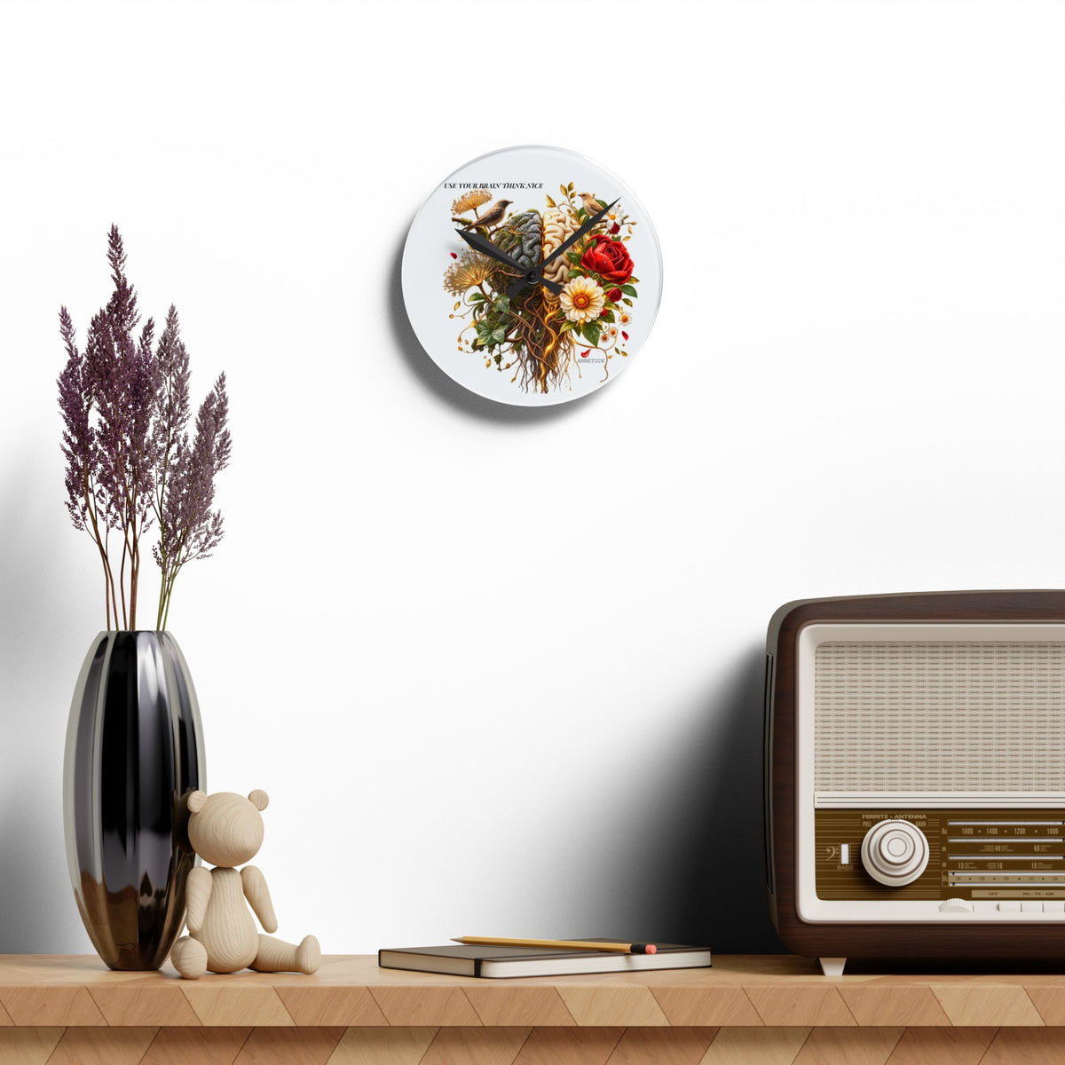 Acrylic Wall Clock — 'Use Your Brain' Floral Brain Art Clock
