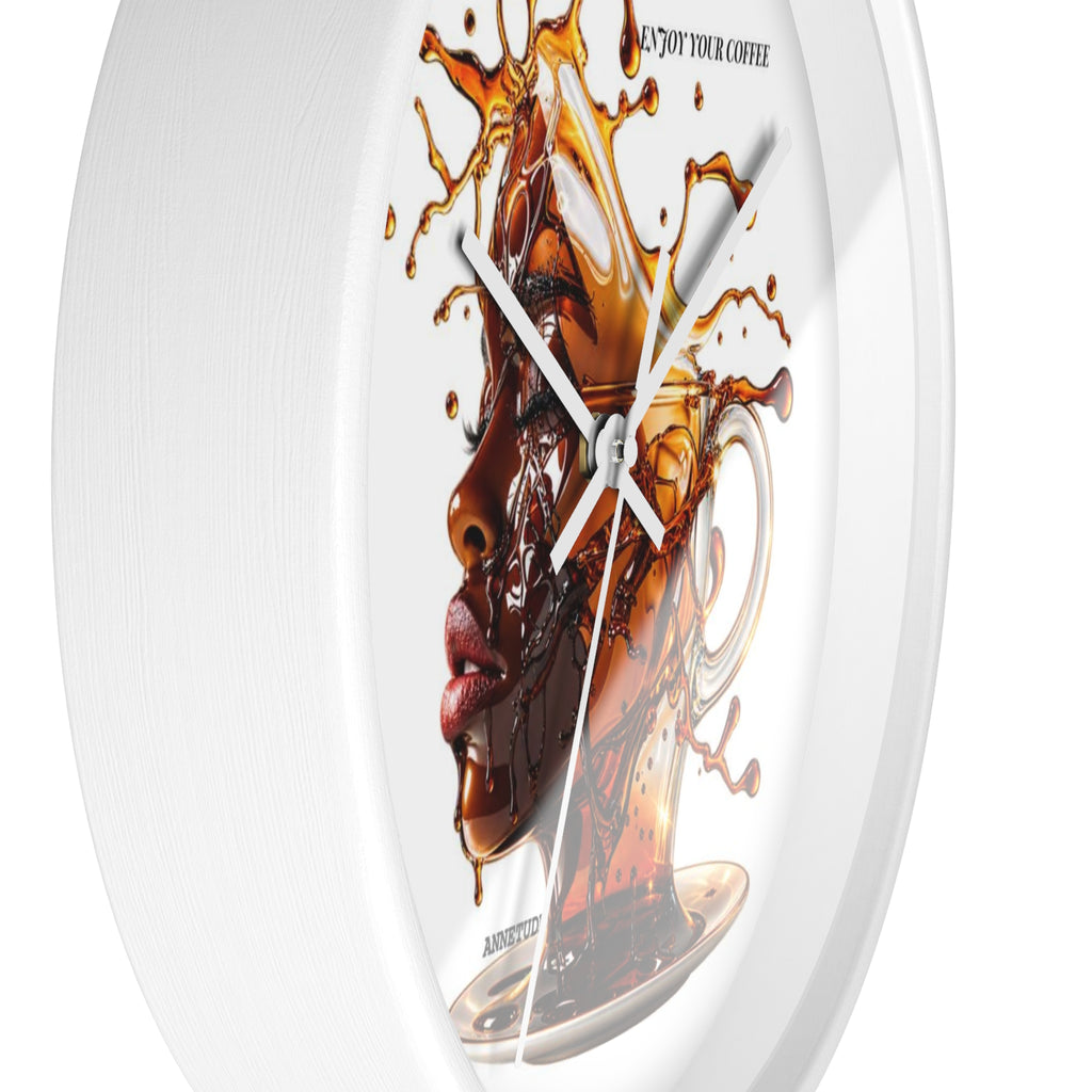 Coffee Splash Wall Clock — Artistic Afrocentric Brew Portrait ("Enjoy Your Coffee")
