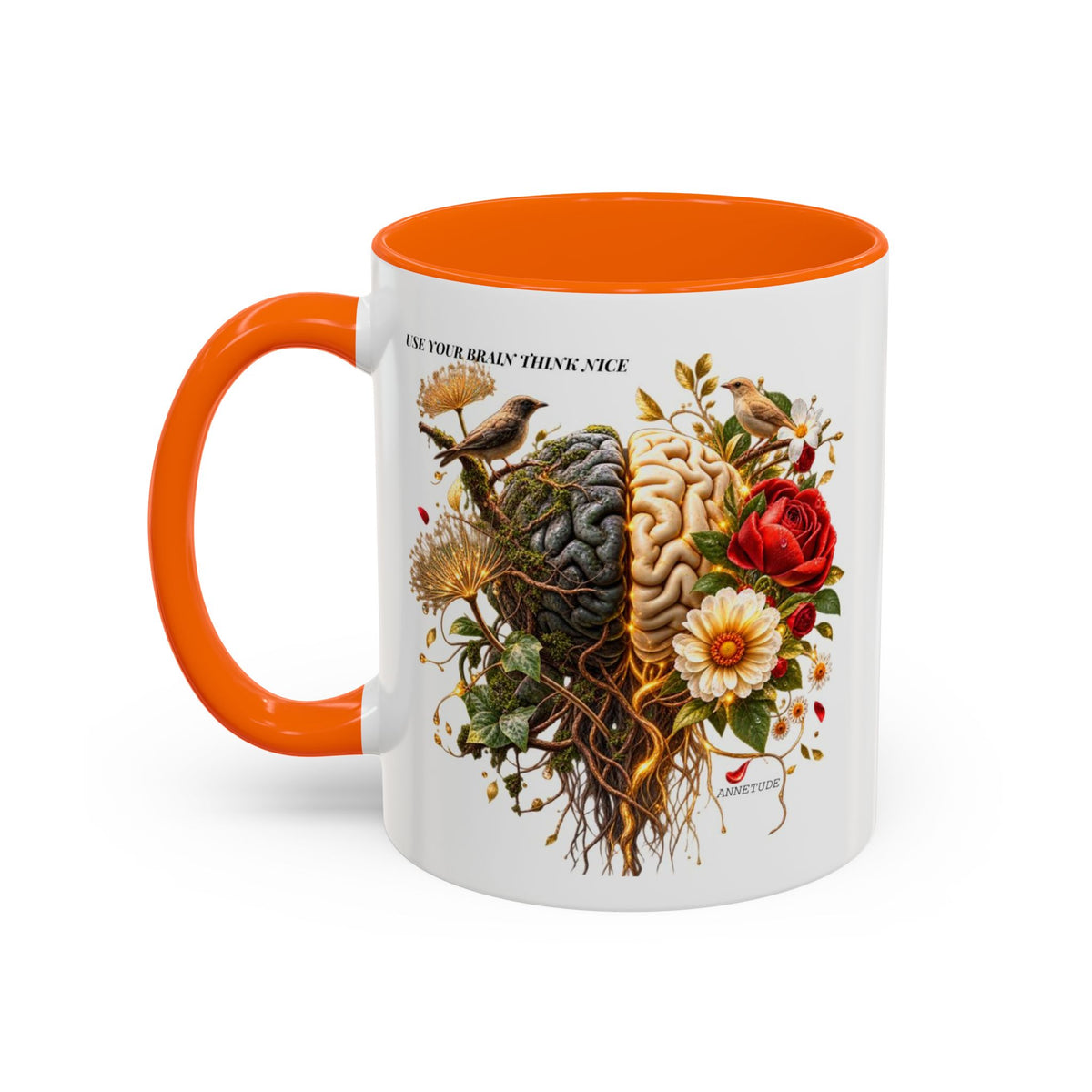 Brain & Heart Floral Accent Coffee Mug — 'Use Your Brain' Artistic 11/15oz Ceramic