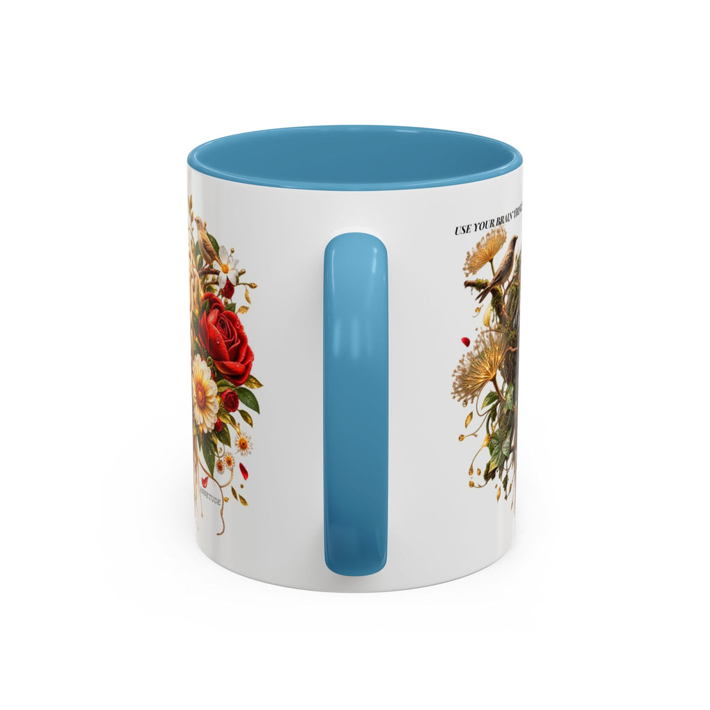 Brain & Heart Floral Accent Coffee Mug — 'Use Your Brain' Artistic 11/15oz Ceramic