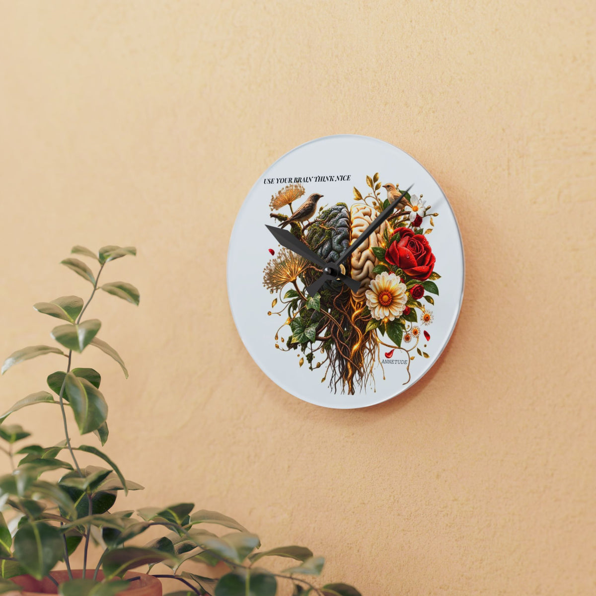 Acrylic Wall Clock — 'Use Your Brain' Floral Brain Art Clock
