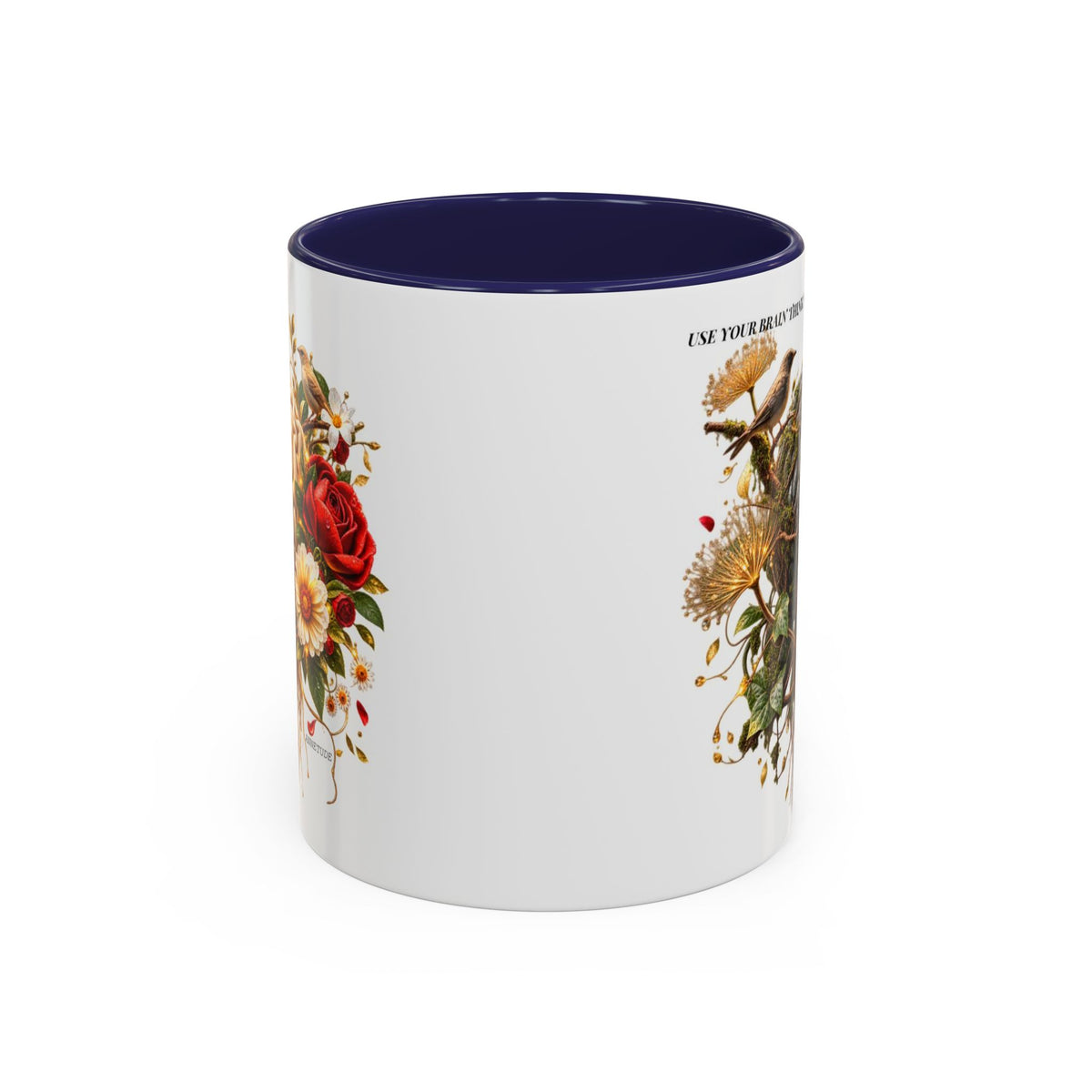 Brain & Heart Floral Accent Coffee Mug — 'Use Your Brain' Artistic 11/15oz Ceramic