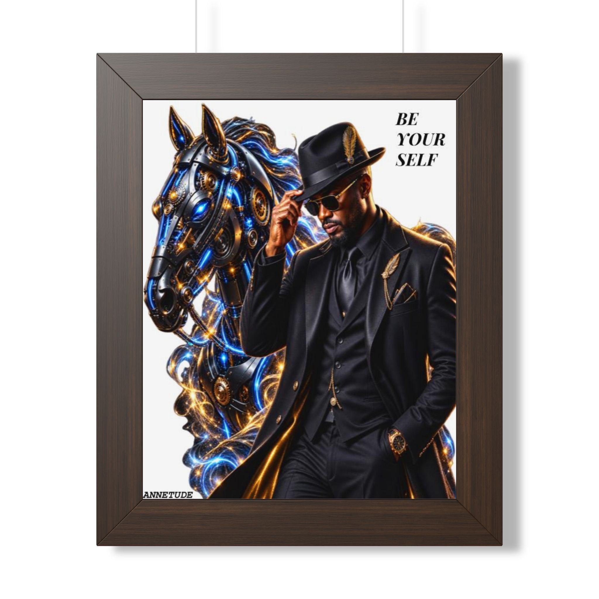 Be Yourself Framed Poster — Stylish Black Gentleman & Futuristic Horse Art