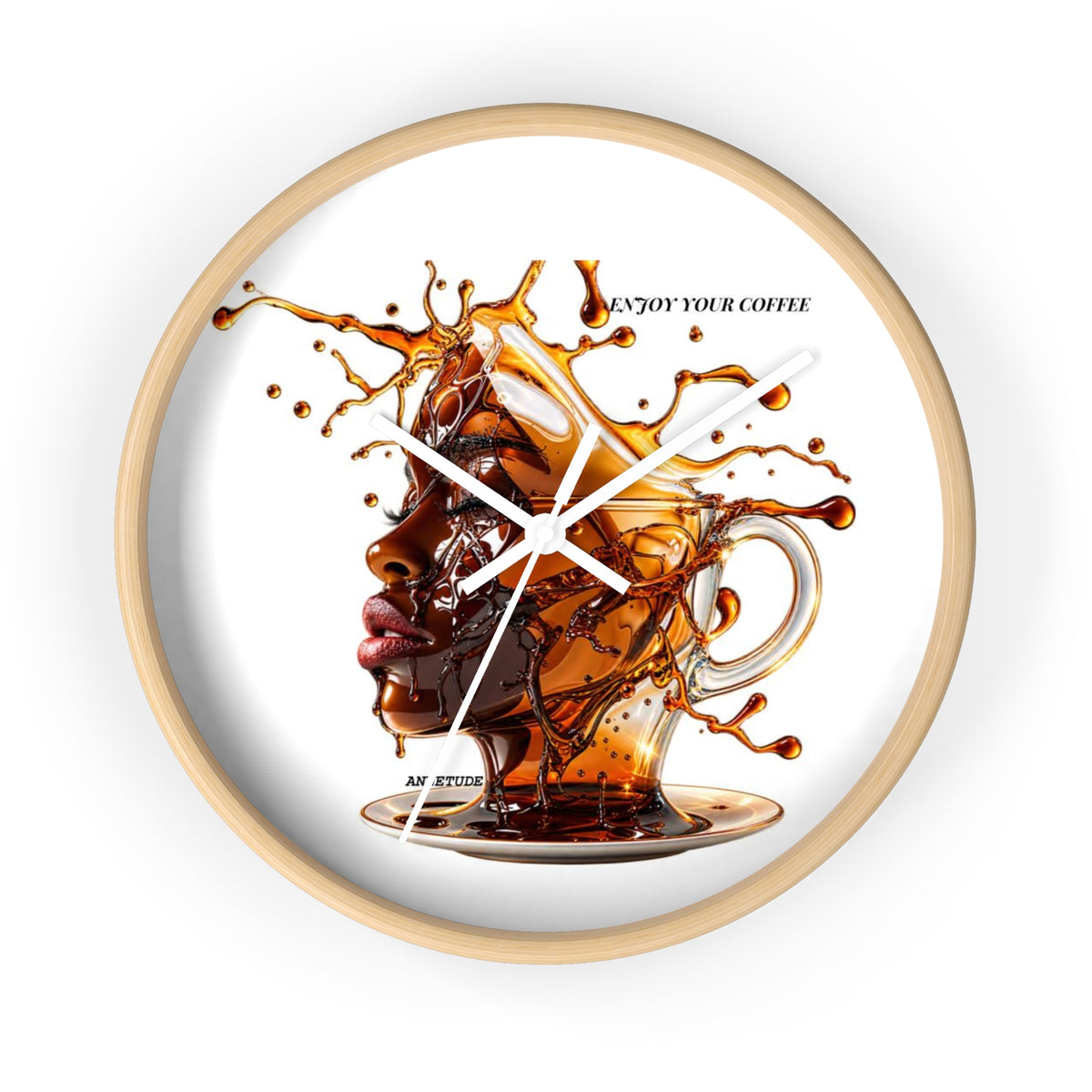 Coffee Splash Wall Clock — Artistic Afrocentric Brew Portrait ("Enjoy Your Coffee")