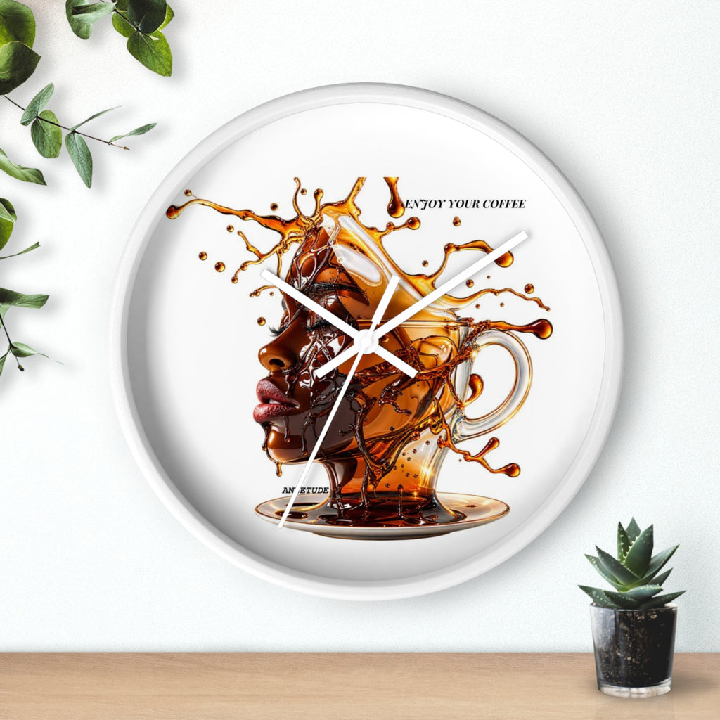 Coffee Splash Wall Clock — Artistic Afrocentric Brew Portrait ("Enjoy Your Coffee")