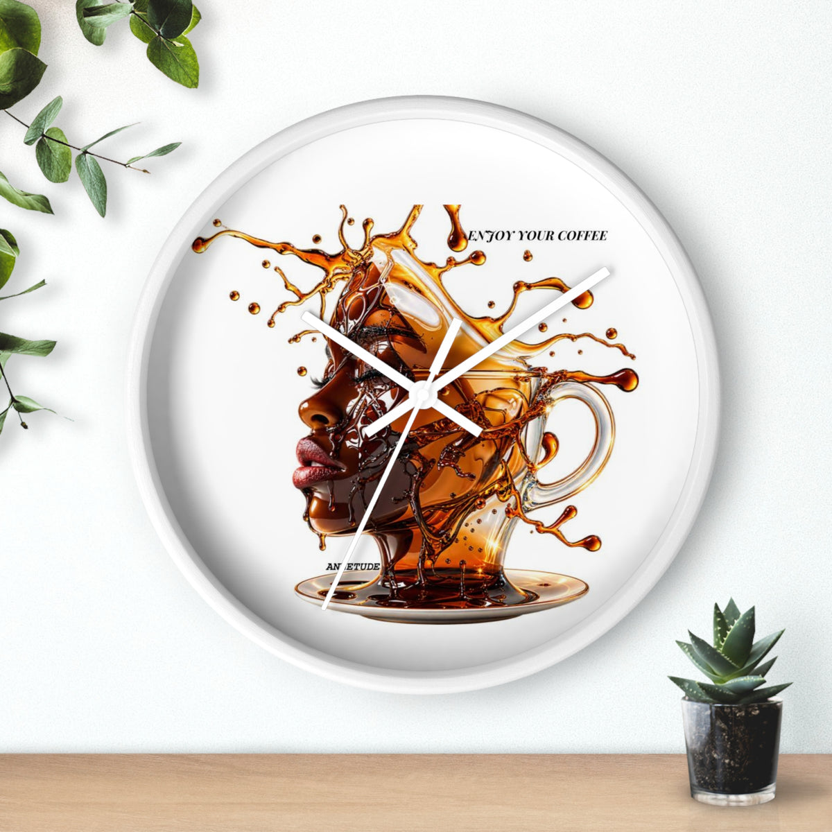 Coffee Splash Wall Clock — Artistic Afrocentric Brew Portrait ("Enjoy Your Coffee")