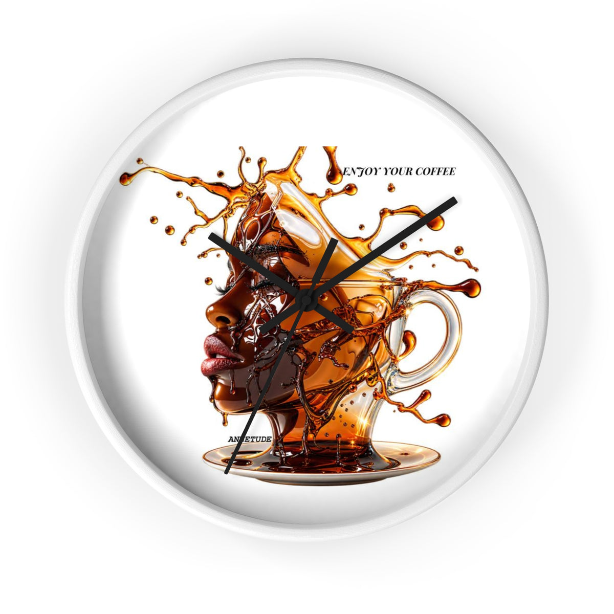 Coffee Splash Wall Clock — Artistic Afrocentric Brew Portrait ("Enjoy Your Coffee")