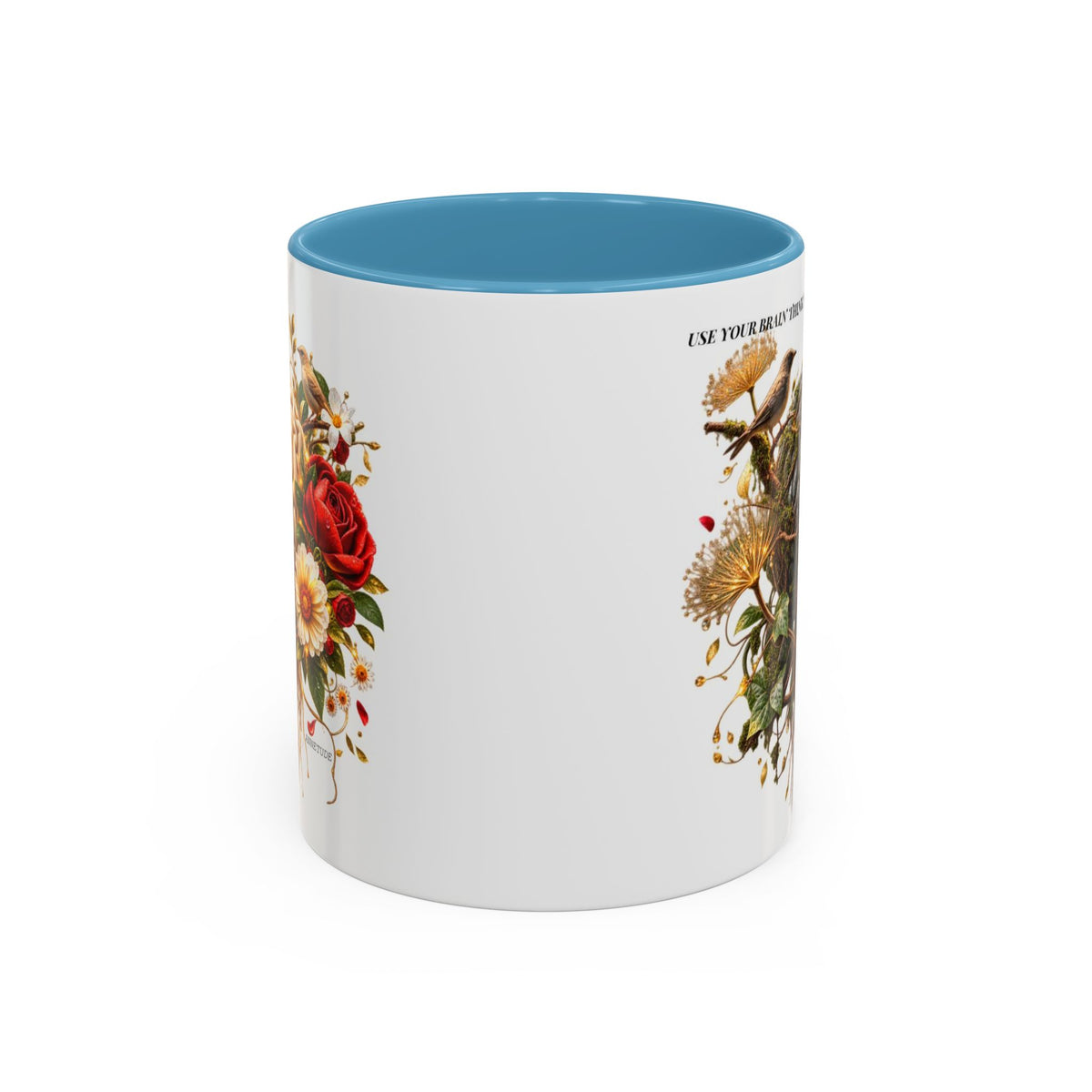 Brain & Heart Floral Accent Coffee Mug — 'Use Your Brain' Artistic 11/15oz Ceramic