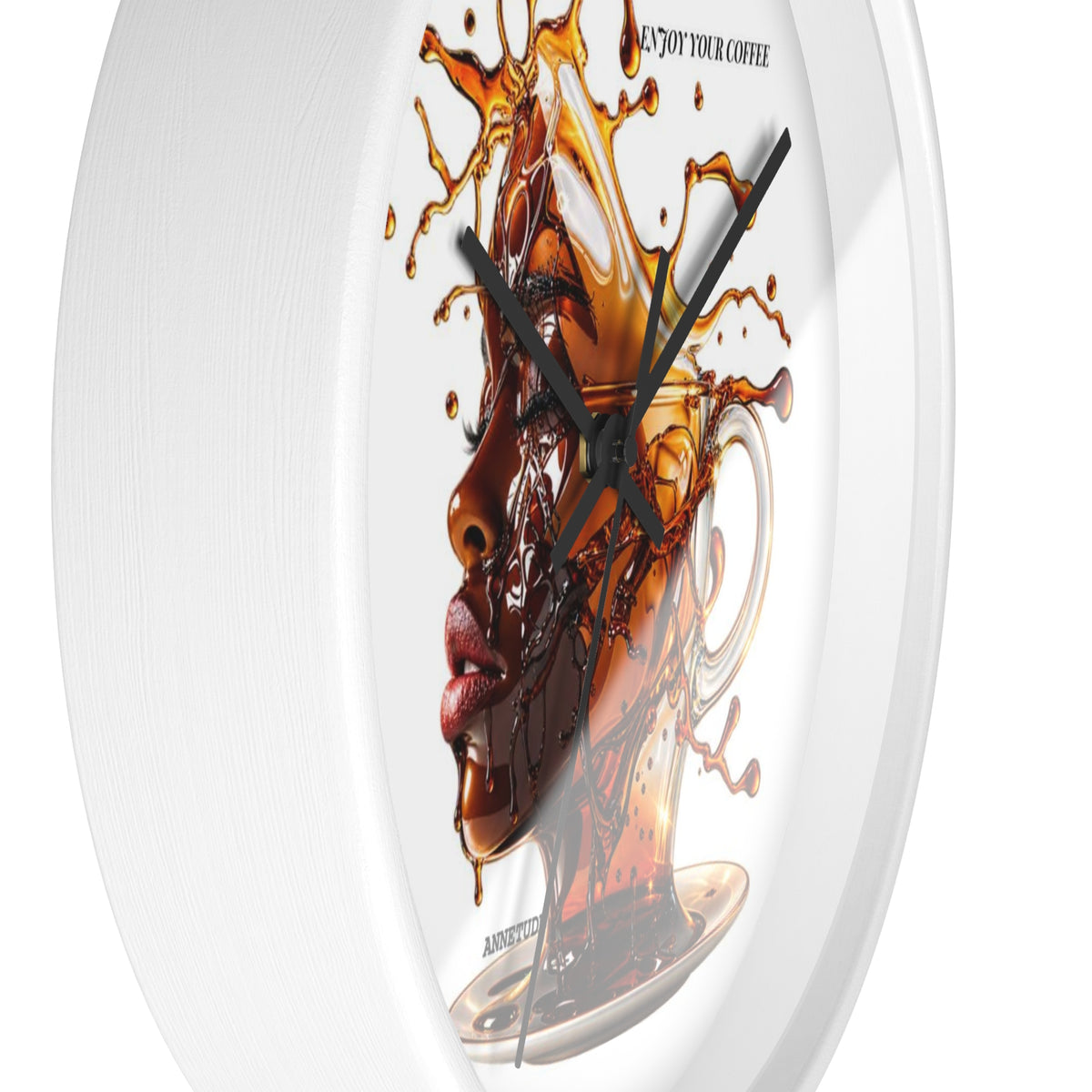 Coffee Splash Wall Clock — Artistic Afrocentric Brew Portrait ("Enjoy Your Coffee")