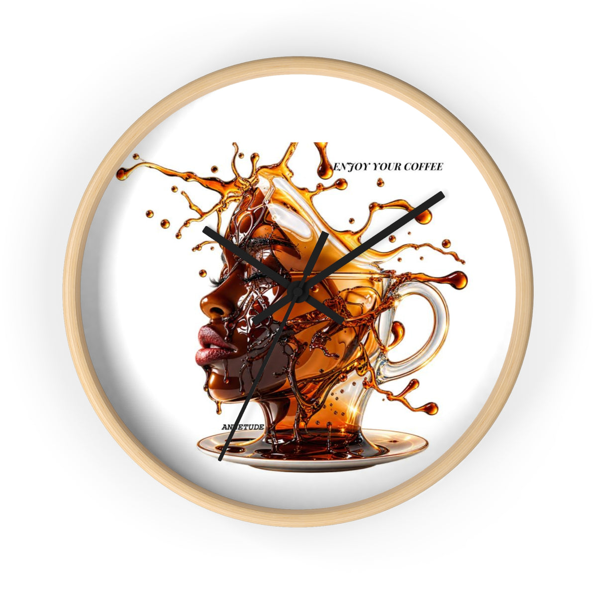Coffee Splash Wall Clock — Artistic Afrocentric Brew Portrait ("Enjoy Your Coffee")