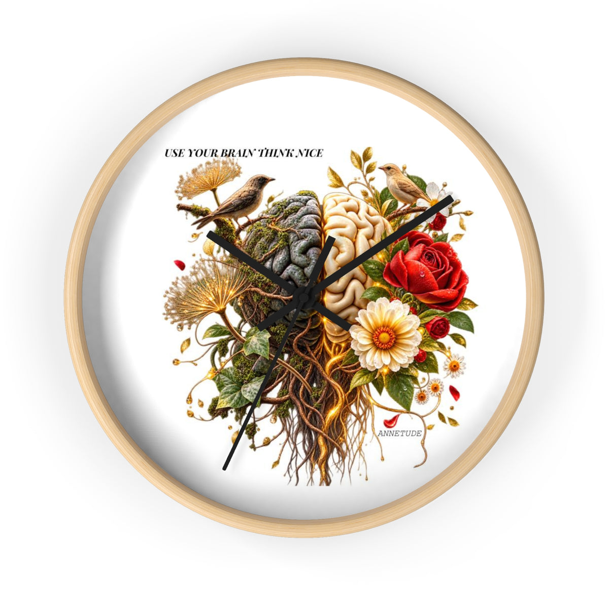 Botanical Brain Wall Clock — Floral & Anatomical Art Timepiece
