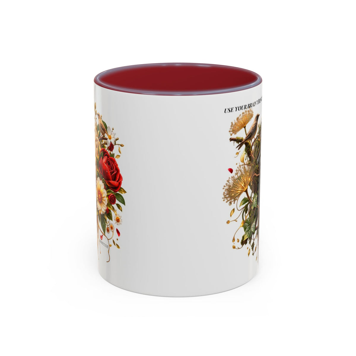 Brain & Heart Floral Accent Coffee Mug — 'Use Your Brain' Artistic 11/15oz Ceramic