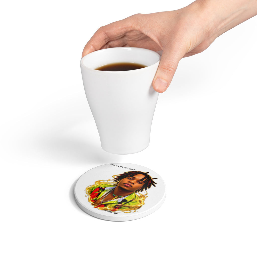 Vibrant Portrait Ceramic Coaster — Colorful Dreadlocks Design