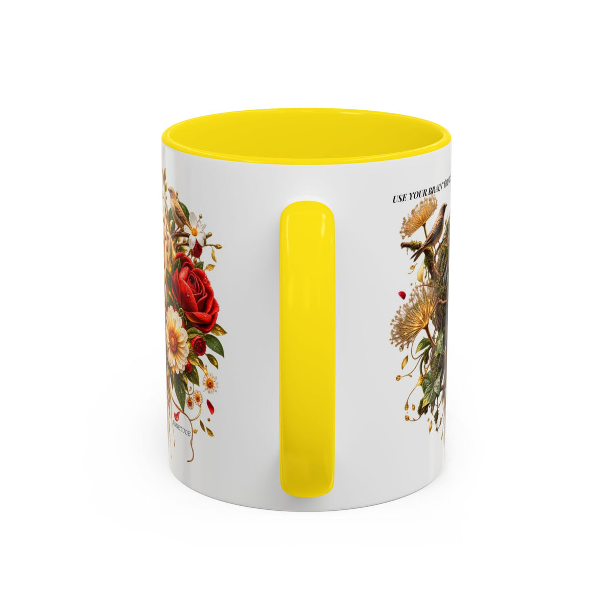 Brain & Heart Floral Accent Coffee Mug — 'Use Your Brain' Artistic 11/15oz Ceramic