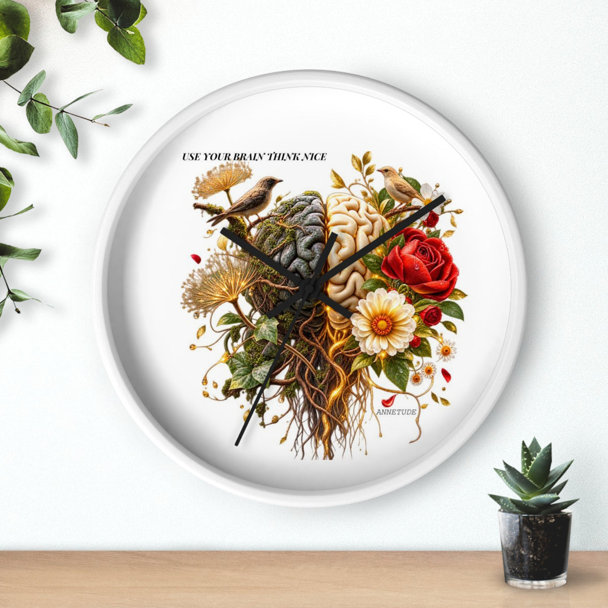 Botanical Brain Wall Clock — Floral & Anatomical Art Timepiece